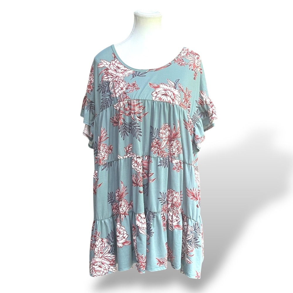 Entro Floral Print Tiered Ruffle Sleeve Casual Top Boho‎ Green XL